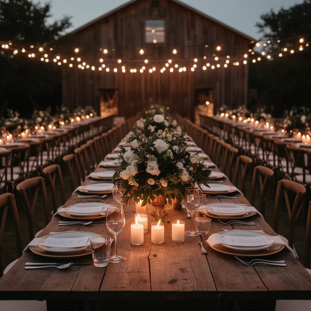 Festively set table inside a Texas Hill Country barn